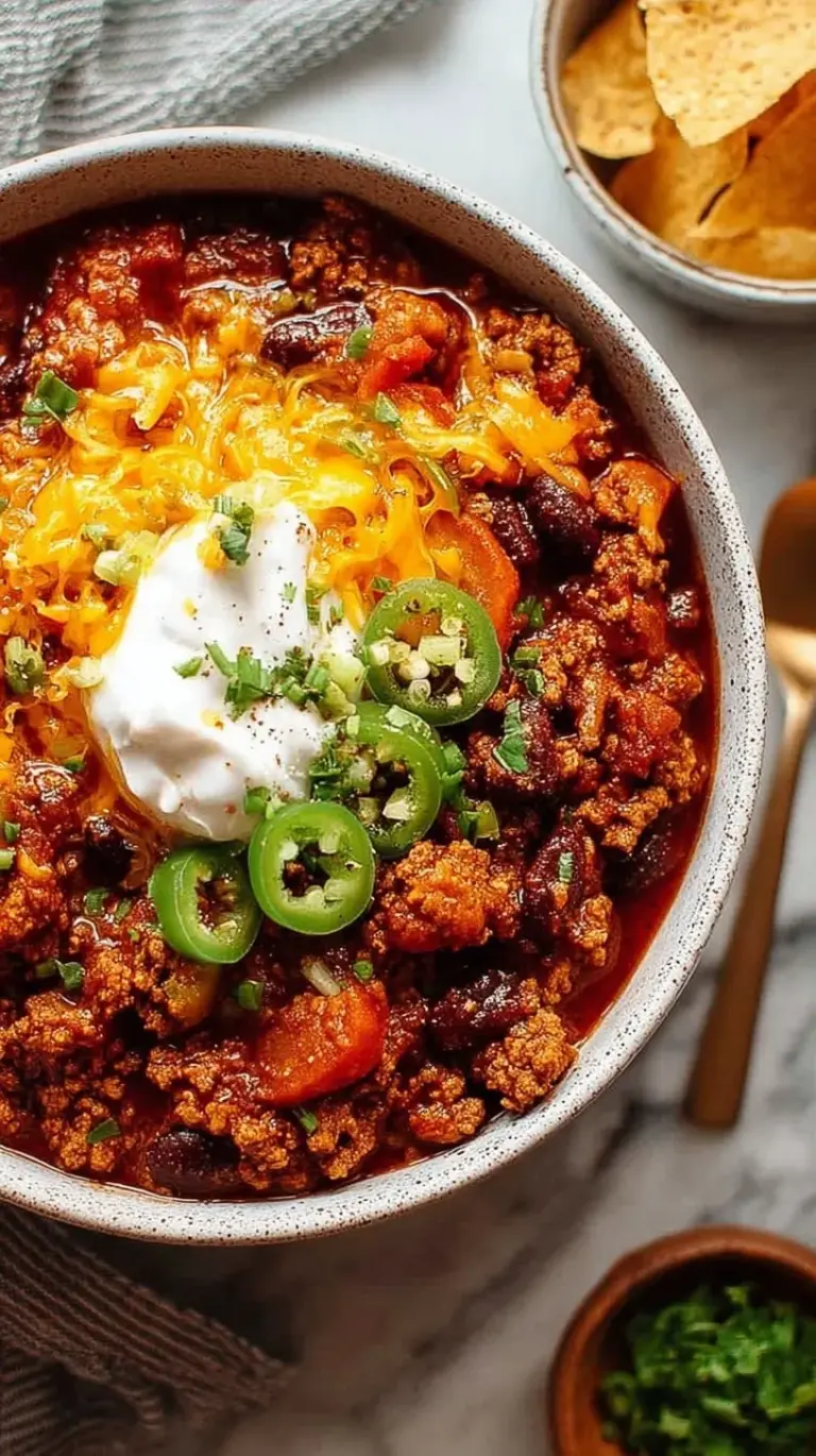 A steaming bowl of turkey chili topped with fresh herbs and avocado