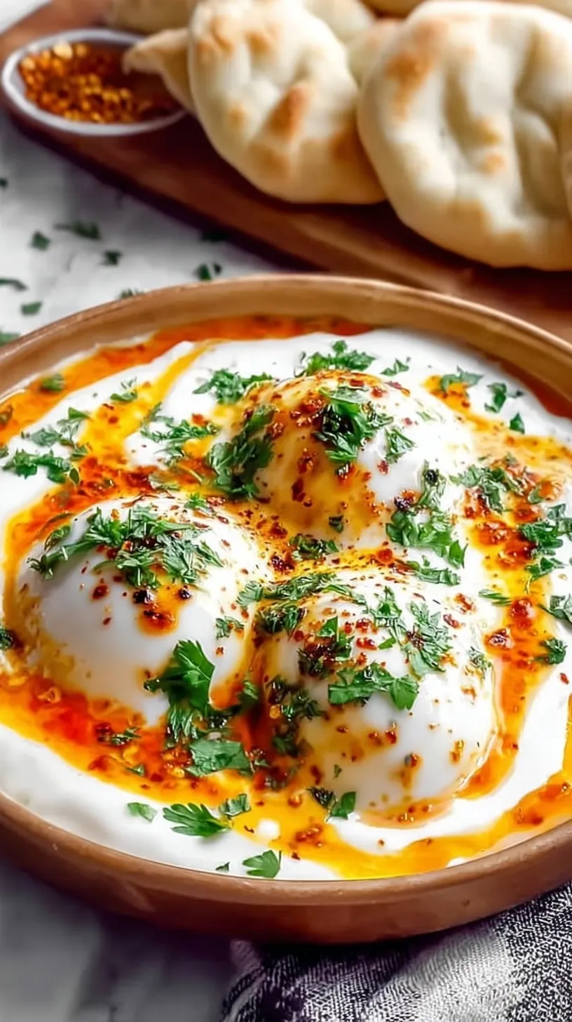 Poached eggs over garlic yogurt with red spiced butter and fresh dill on a white plate