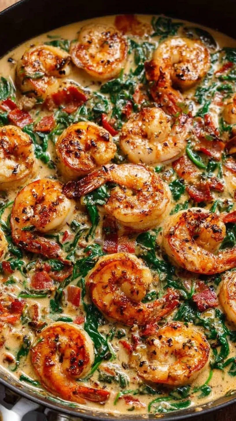 A skillet filled with creamy Tuscan shrimp, cherry tomatoes, and fresh spinach in a golden garlic sauce.