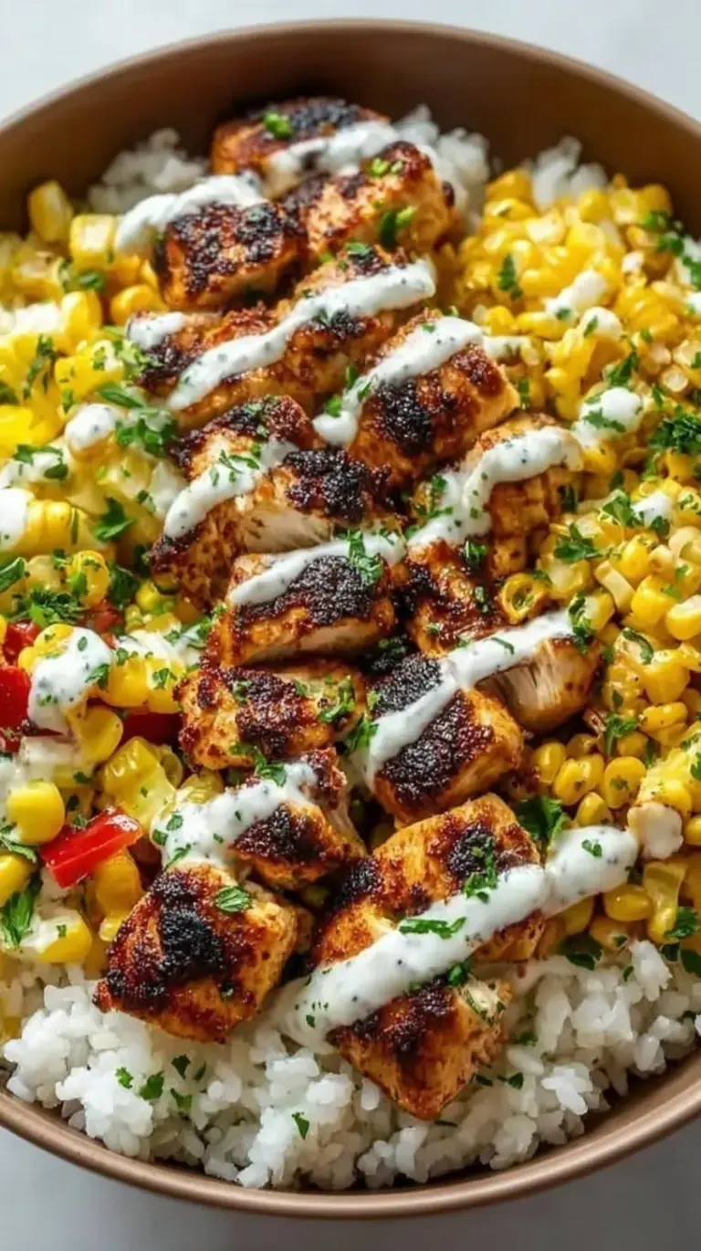 A vibrant bowl filled with spiced chicken, charred corn elote salad, and fresh avocado over rice.