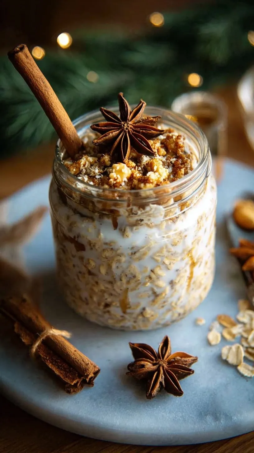 Two mason jars filled with creamy vanilla chai overnight oats topped with cinnamon and spices