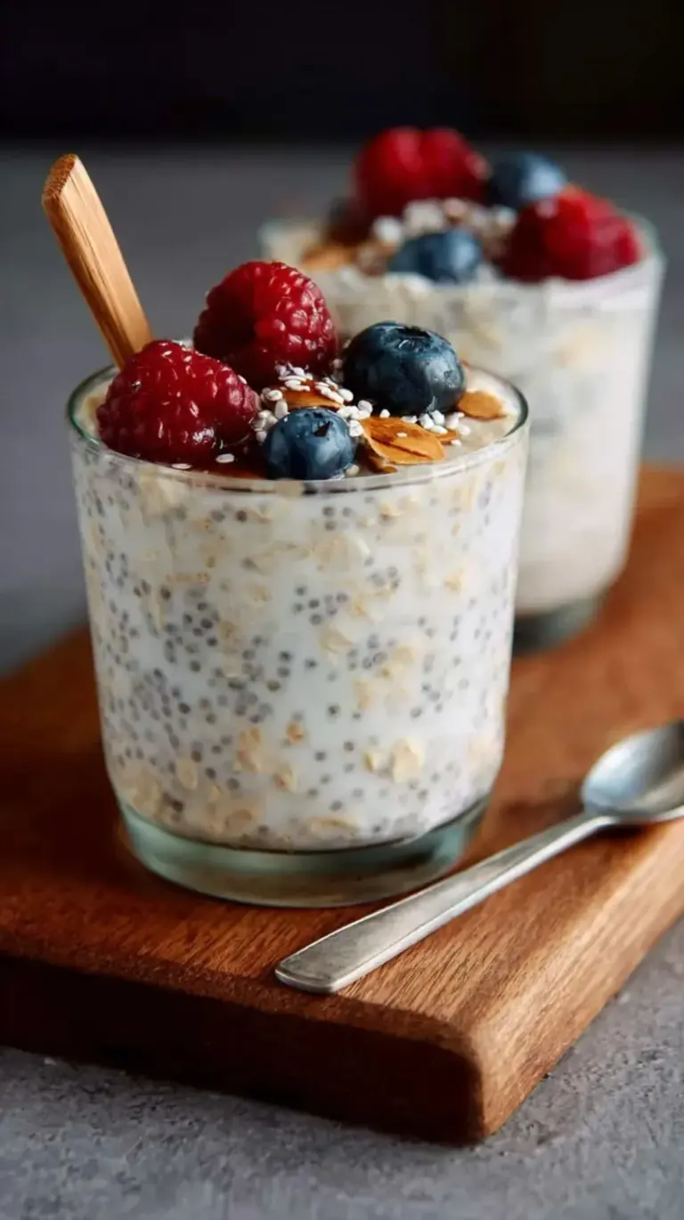 A glass jar filled with creamy vanilla overnight oats topped with fresh berries and a drizzle of honey.