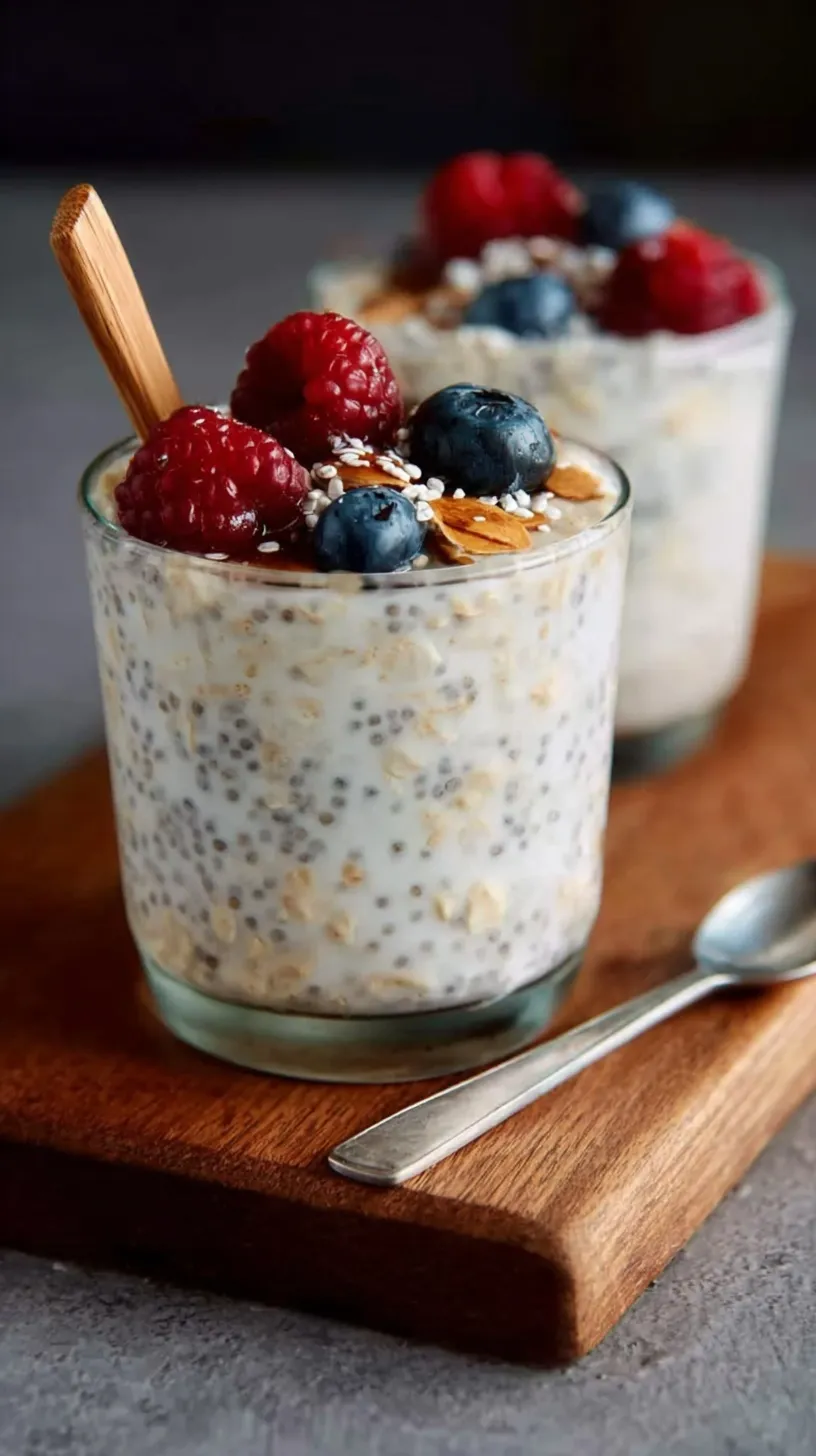A glass jar filled with creamy vanilla overnight oats topped with fresh berries and a drizzle of honey.