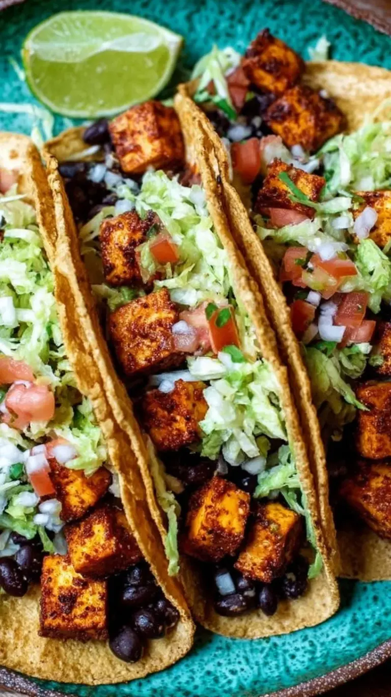 Close up of three vegan tofu tacos topped with avocado and red onion