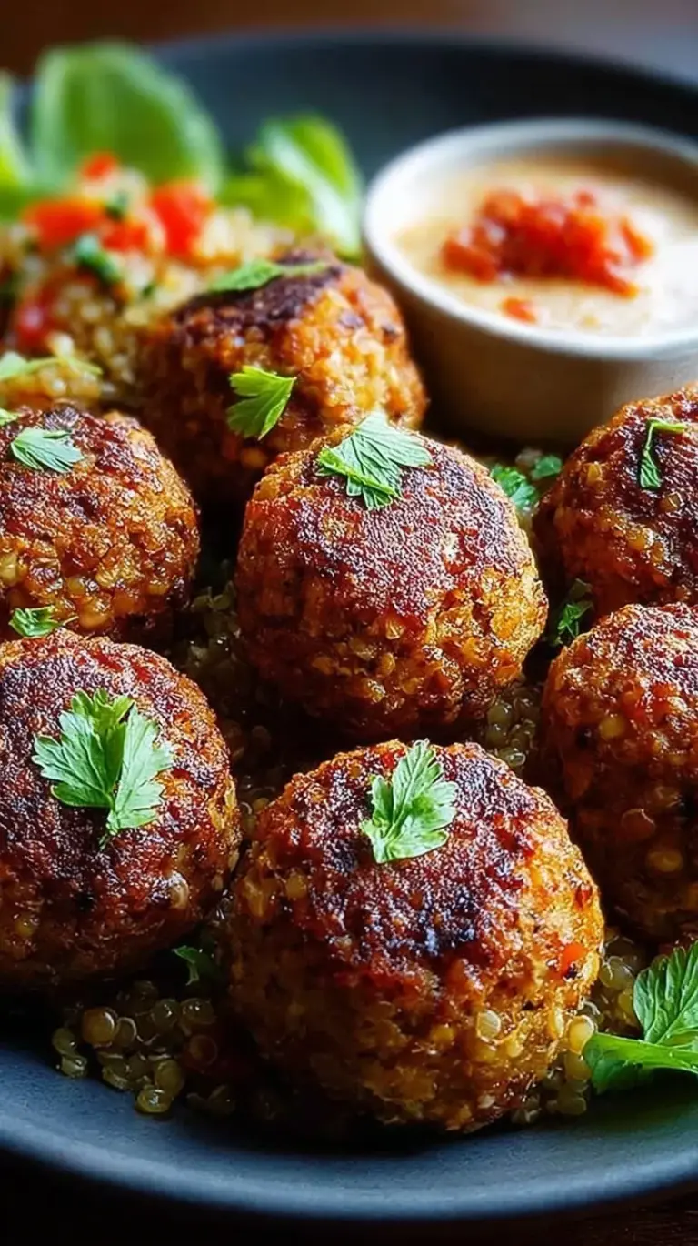 Golden brown vegetarian lentil meatballs served on a white plate with fresh herbs