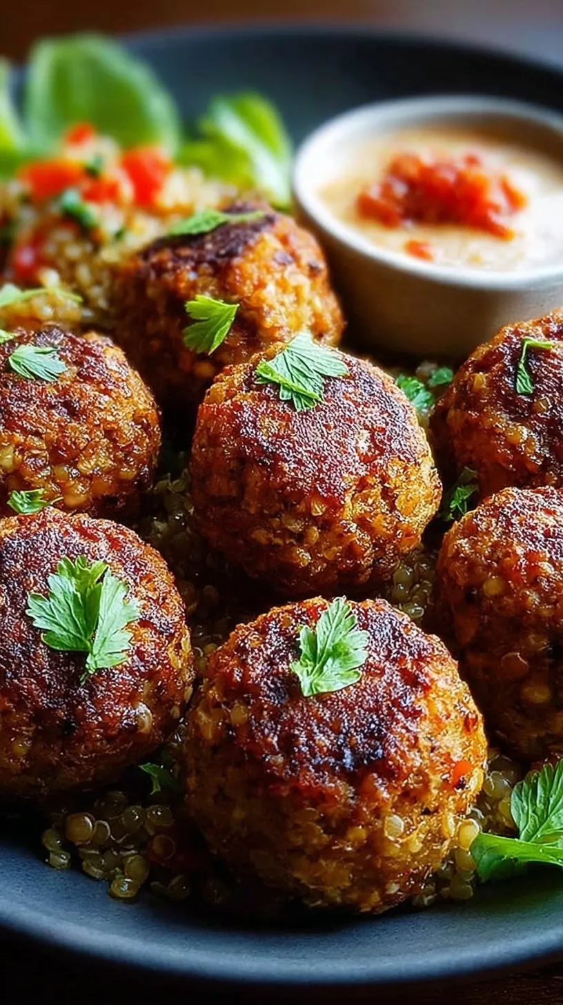 Golden brown vegetarian lentil meatballs served on a white plate with fresh herbs