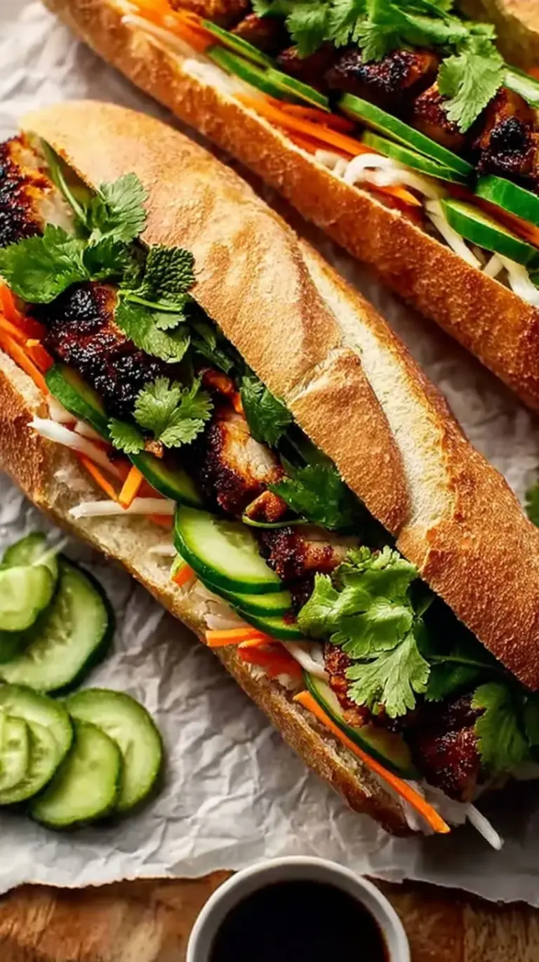 A fresh Vietnamese Chicken Banh Mi sandwich with pickled carrots, cilantro, and cucumber in a crusty baguette.