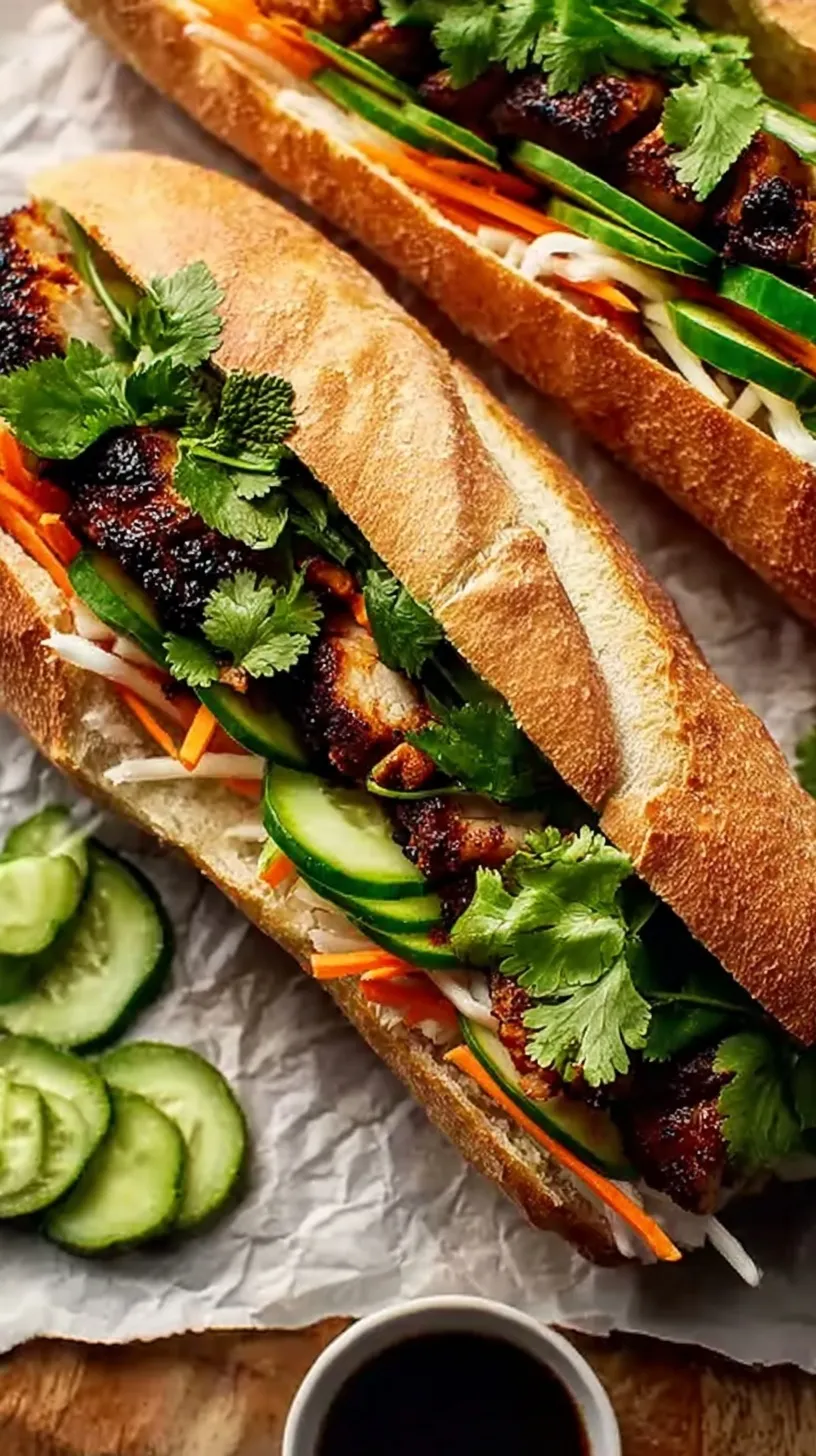A fresh Vietnamese Chicken Banh Mi sandwich with pickled carrots, cilantro, and cucumber in a crusty baguette.