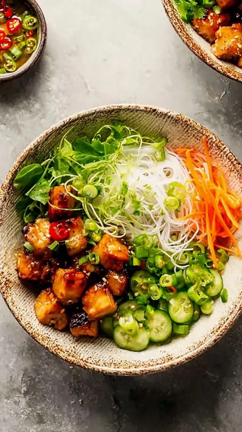 A colorful Vietnamese chicken noodle bowl with grilled lemongrass chicken, rice vermicelli, fresh herbs, and pickled vegetables.