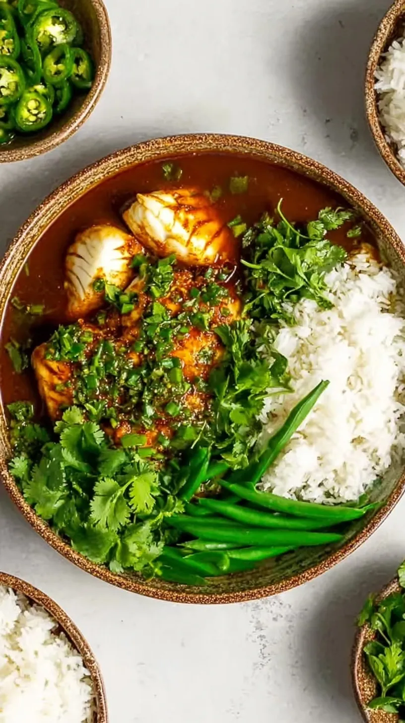 A claypot filled with caramelized fish steaks in a dark amber sauce topped with green onions and chilies