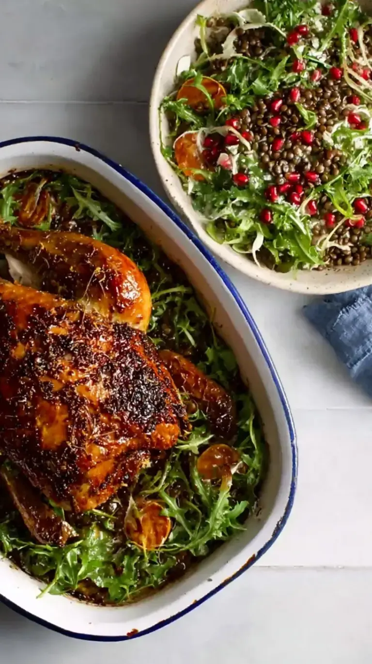 A platter of sliced herb-roasted chicken served over a bed of warm green lentils and wilted spinach.