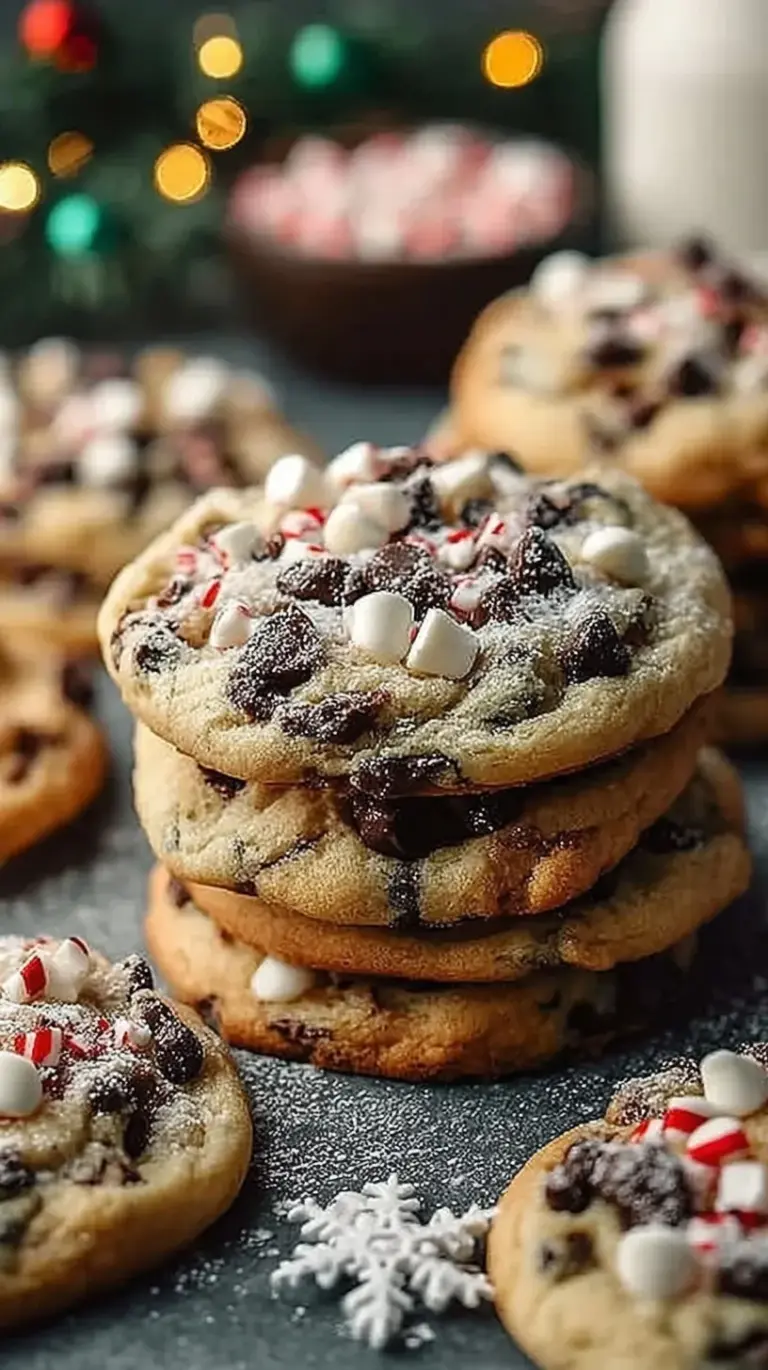 Golden chocolate chip cookies dusted with white powdered sugar on a cooling rack.
