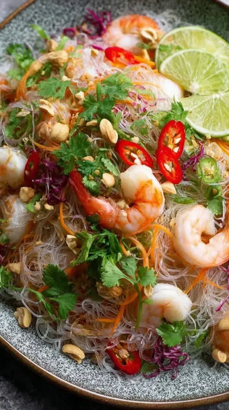 A colorful bowl of Thai Glass Noodle Salad with shrimp, pork, and fresh herbs.